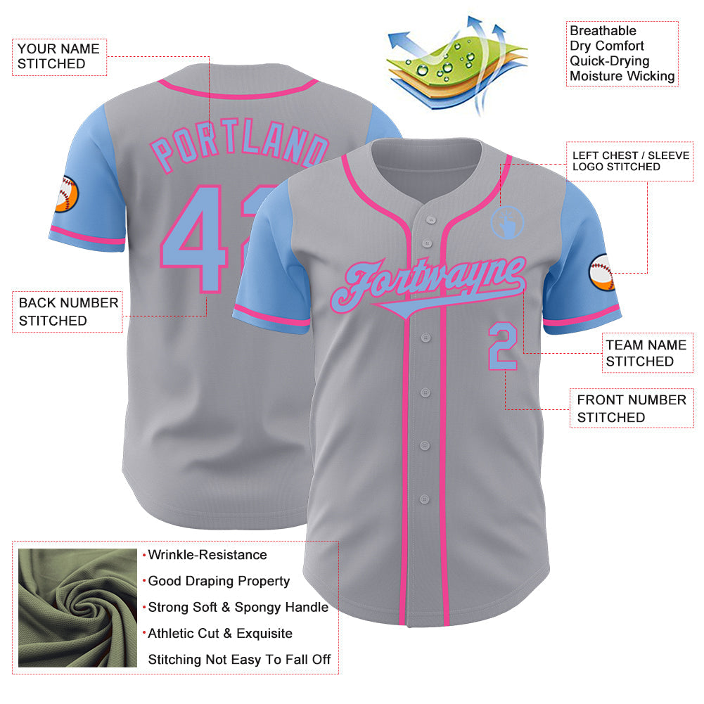 Custom Gray Light Blue-Pink Authentic Two Tone Baseball Jersey view 3
