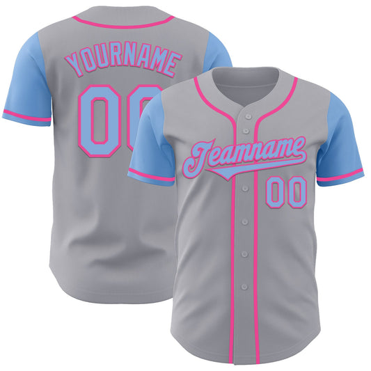 Custom Gray Light Blue-Pink Authentic Two Tone Baseball Jersey - Main View