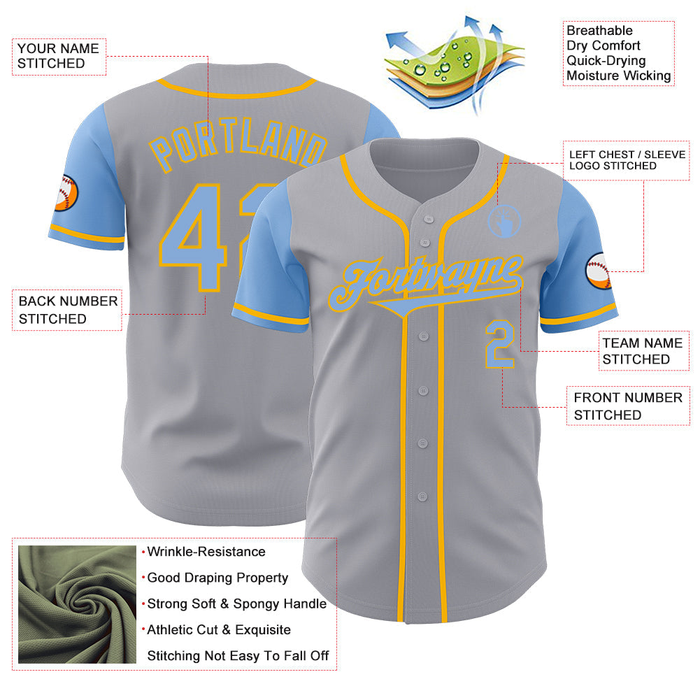 Custom Gray Light Blue-Gold Authentic Two Tone Baseball Jersey view 3