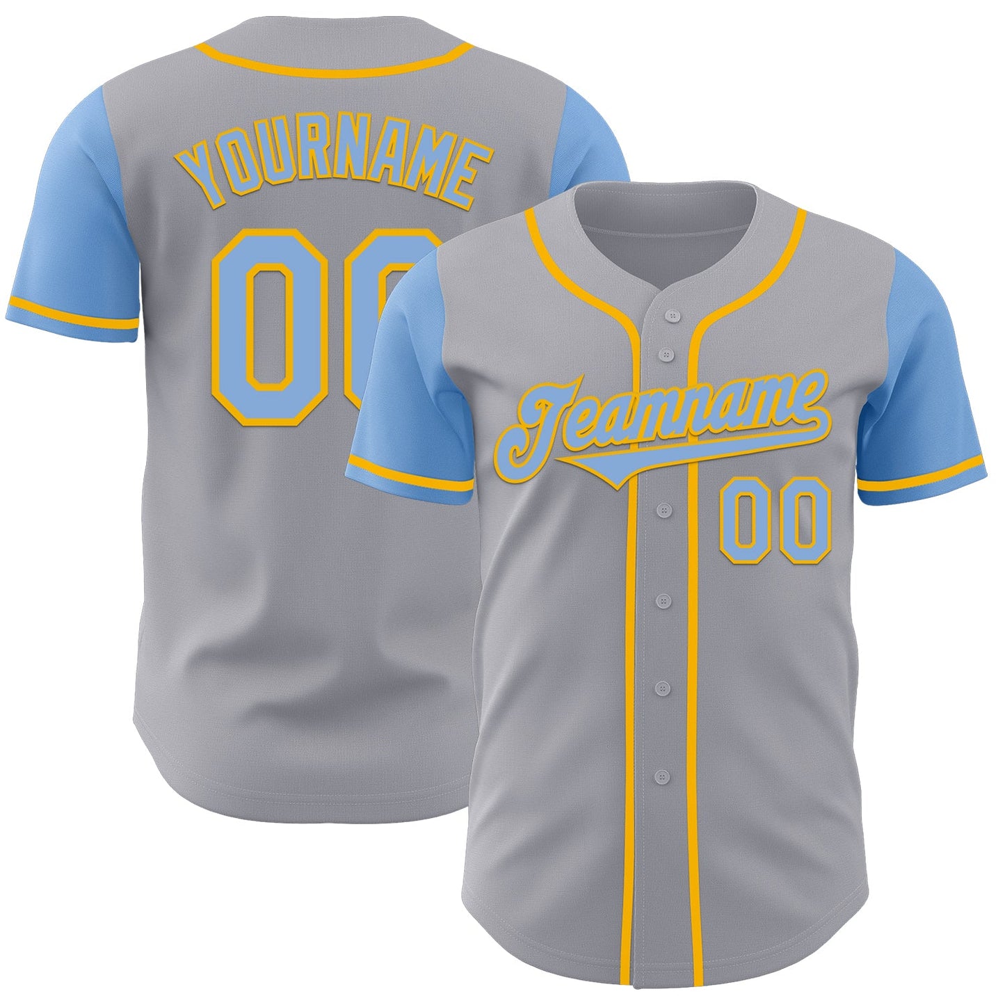 Custom Gray Light Blue-Gold Authentic Two Tone Baseball Jersey - Main View