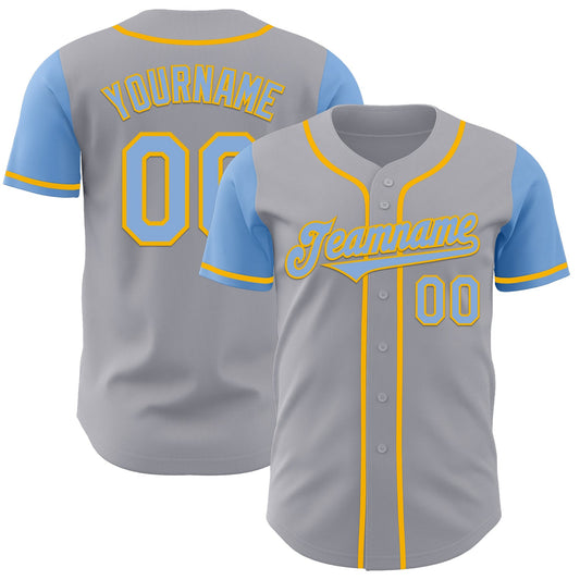 Custom Gray Light Blue-Gold Authentic Two Tone Baseball Jersey - Main View