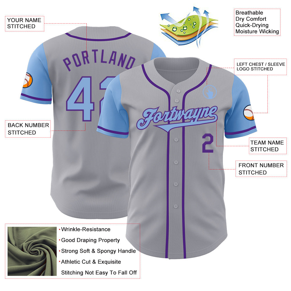 Custom Gray Light Blue-Purple Authentic Two Tone Baseball Jersey view 3