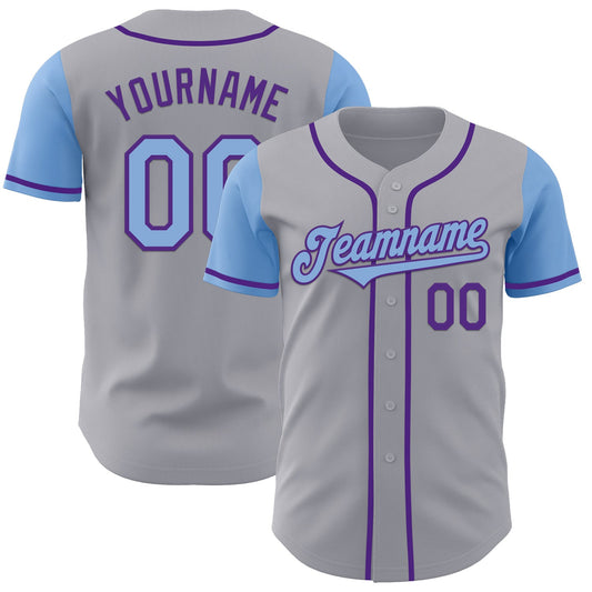 Custom Gray Light Blue-Purple Authentic Two Tone Baseball Jersey - Main View