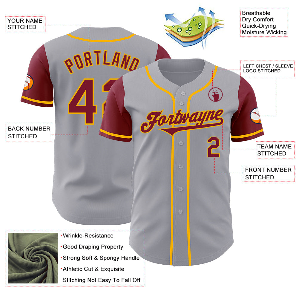 Custom Gray Crimson-Gold Authentic Two Tone Baseball Jersey view 3
