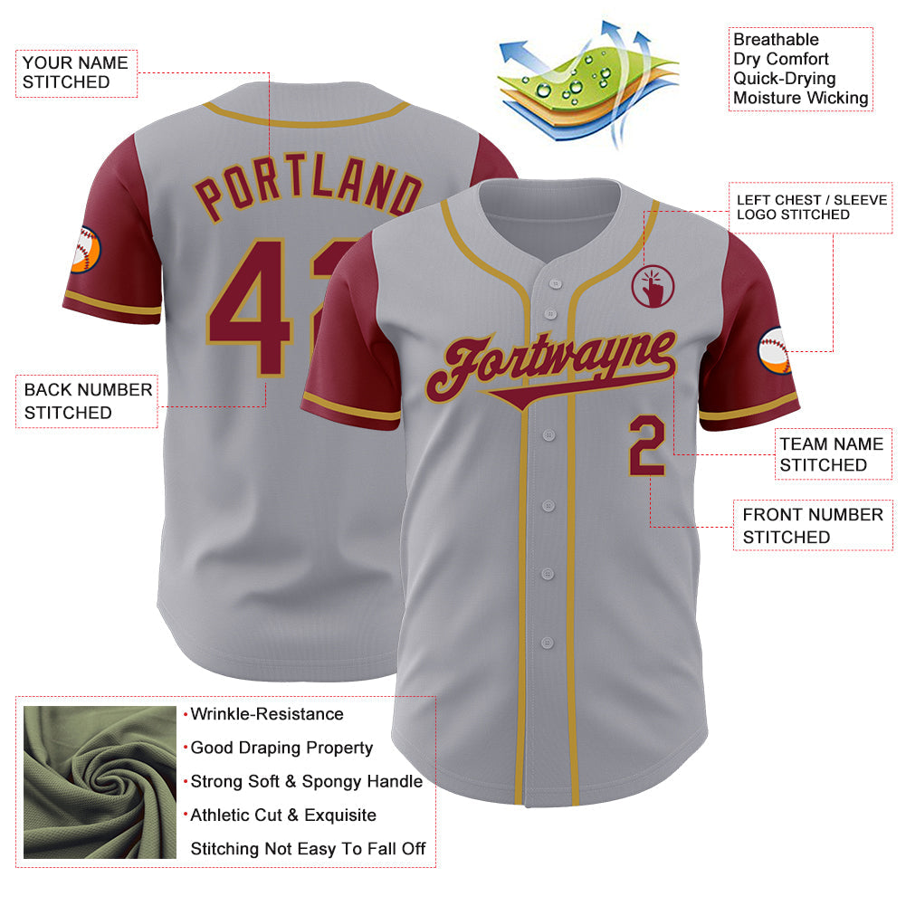 Custom Gray Crimson-Old Gold Authentic Two Tone Baseball Jersey view 3