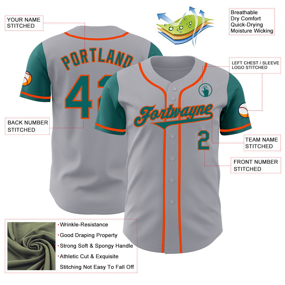 Custom Gray Teal-Orange Authentic Two Tone Baseball Jersey view 3