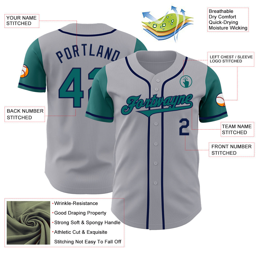 Custom Gray Teal-Navy Authentic Two Tone Baseball Jersey view 3
