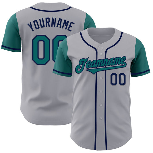 Custom Gray Teal-Navy Authentic Two Tone Baseball Jersey - Main View