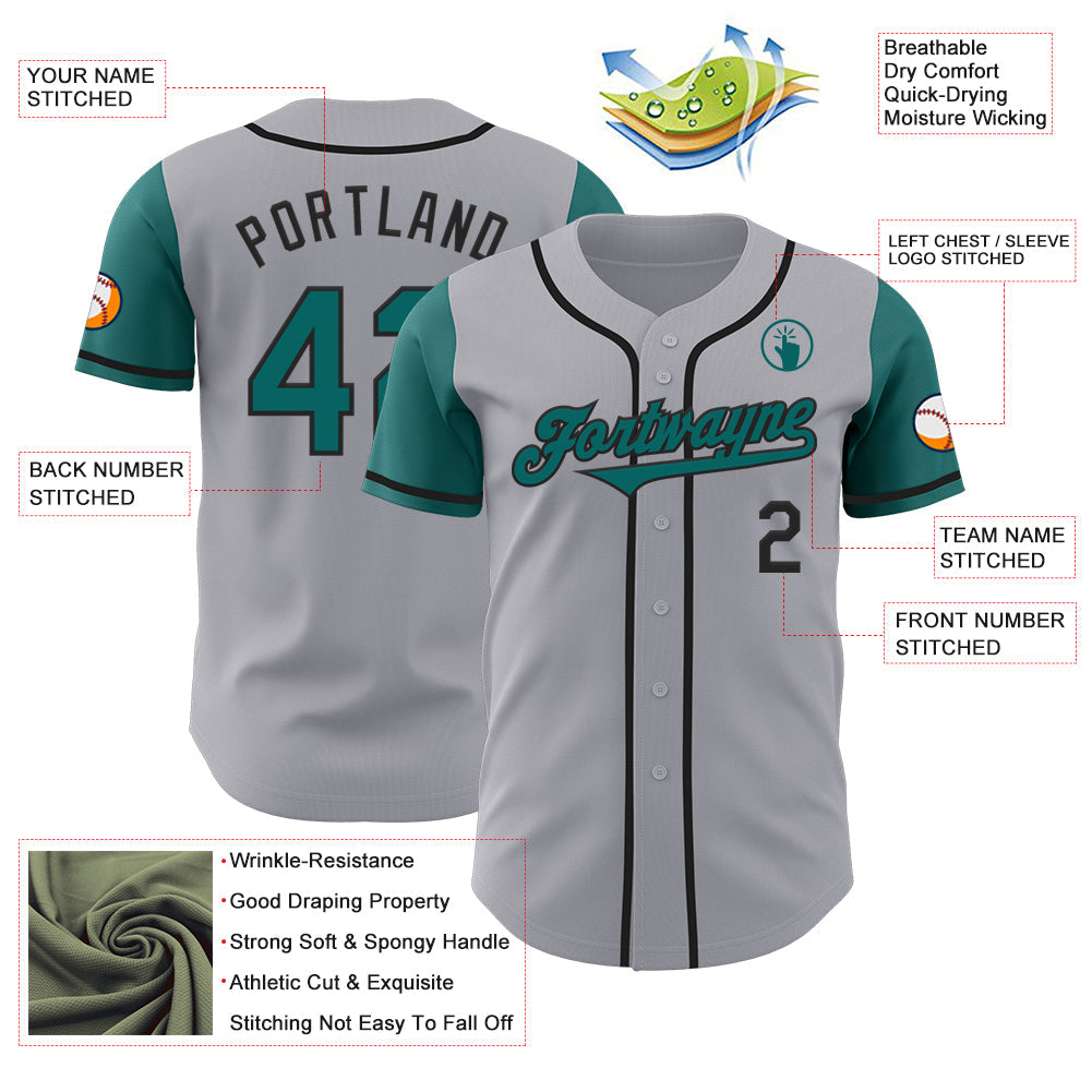 Custom Gray Teal-Black Authentic Two Tone Baseball Jersey view 3