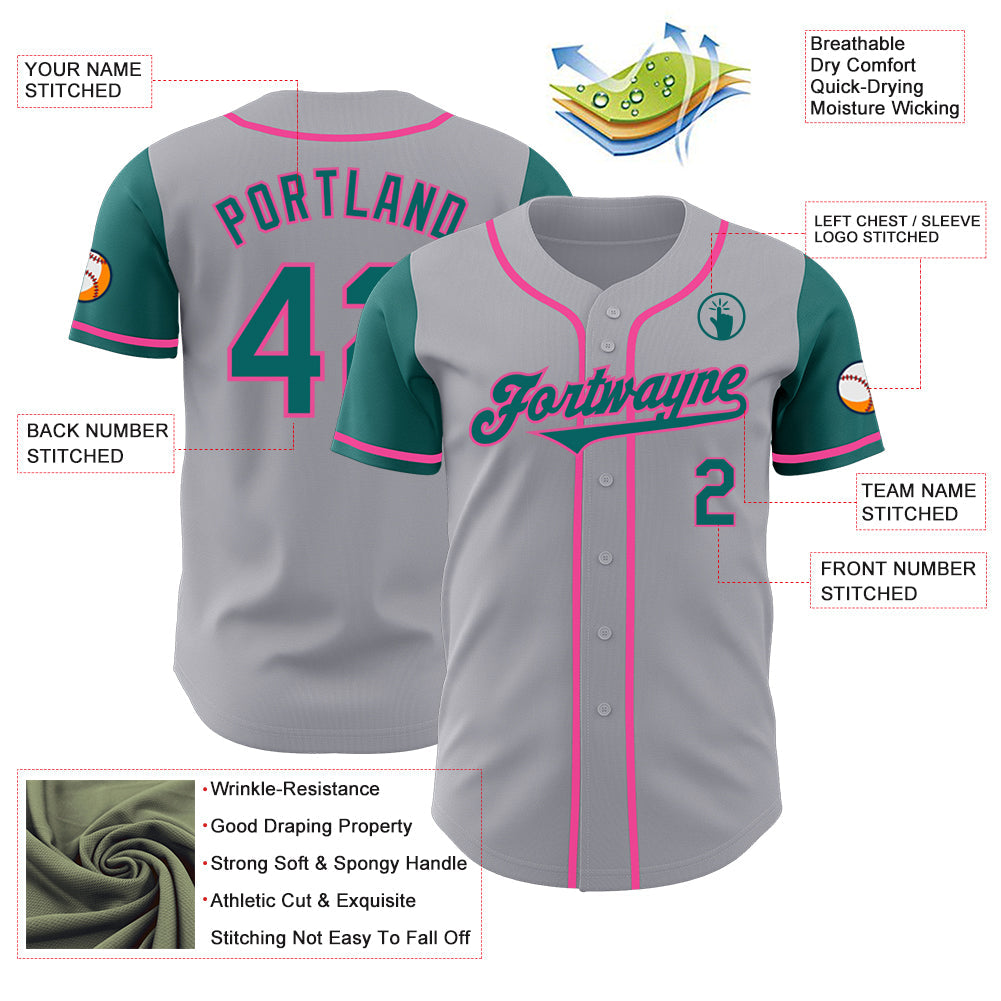 Custom Gray Teal-Pink Authentic Two Tone Baseball Jersey view 3