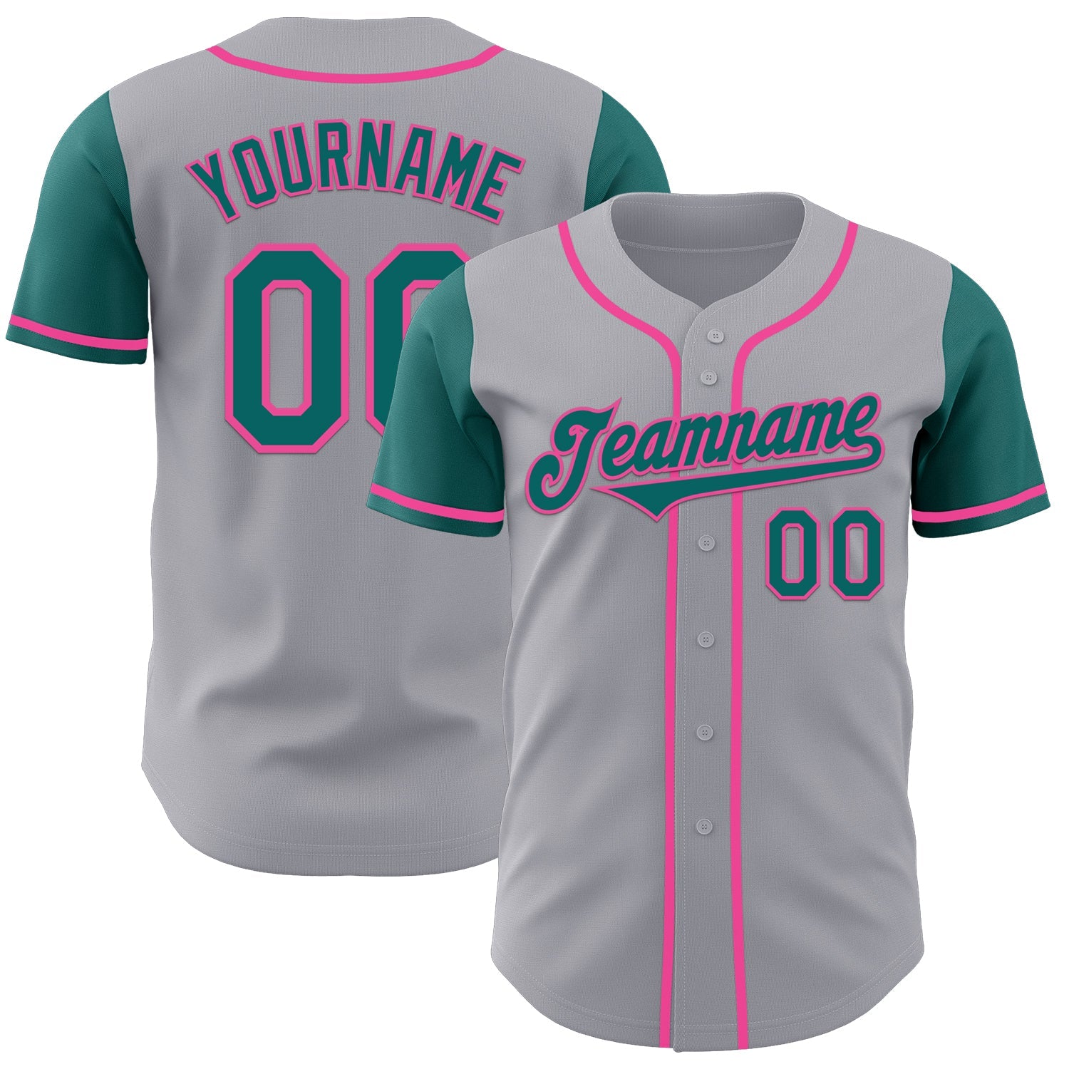 Custom Gray Teal-Pink Authentic Two Tone Baseball Jersey - Main View