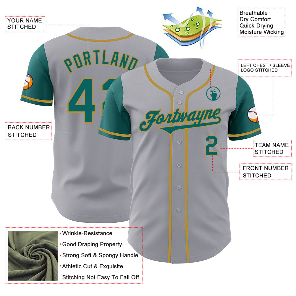 Custom Gray Teal-Old Gold Authentic Two Tone Baseball Jersey view 3