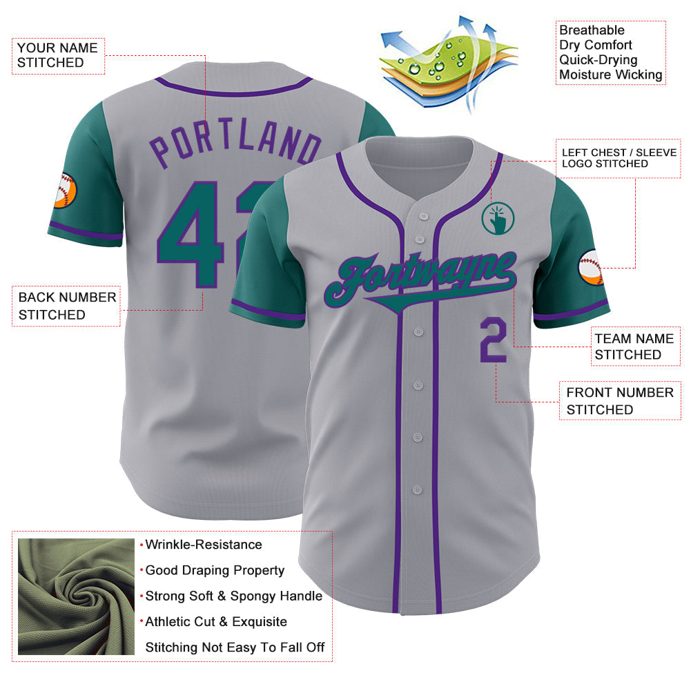 Custom Gray Teal-Purple Authentic Two Tone Baseball Jersey view 3