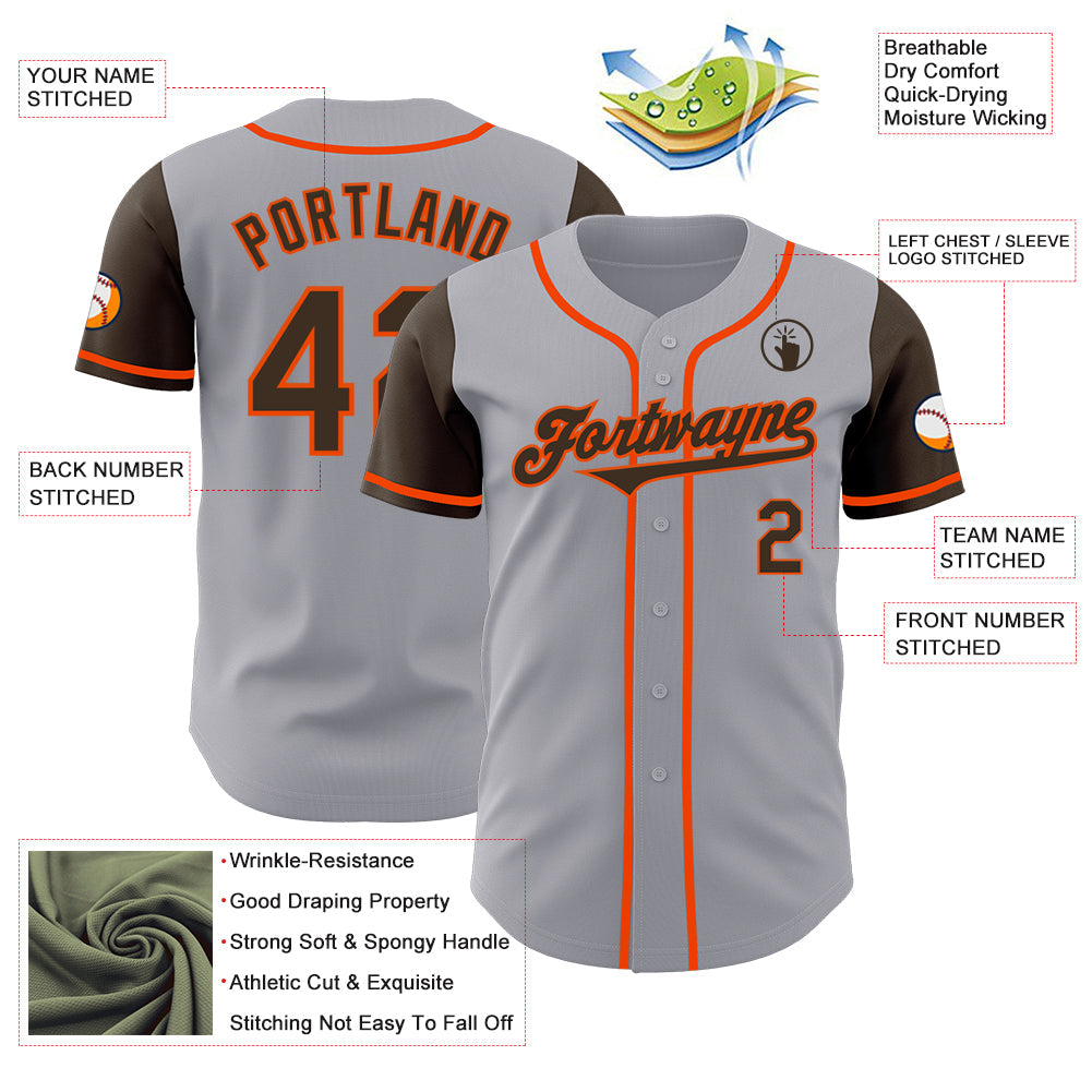 Custom Gray Brown-Orange Authentic Two Tone Baseball Jersey view 3