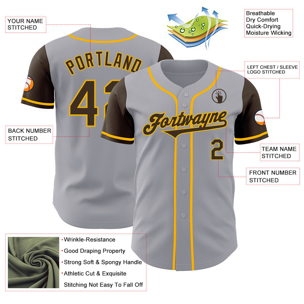 Custom Gray Brown-Gold Authentic Two Tone Baseball Jersey view 3