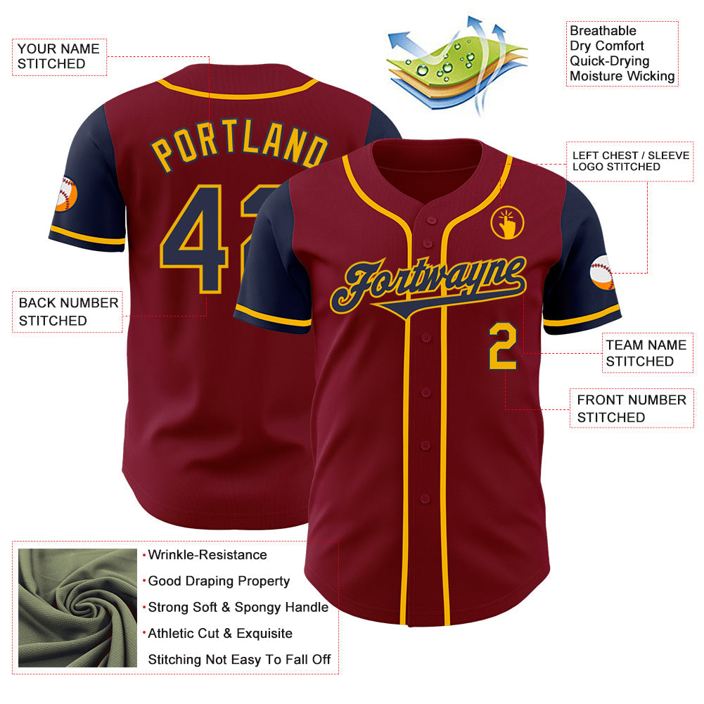 Custom Crimson Navy-Gold Authentic Two Tone Baseball Jersey view 3