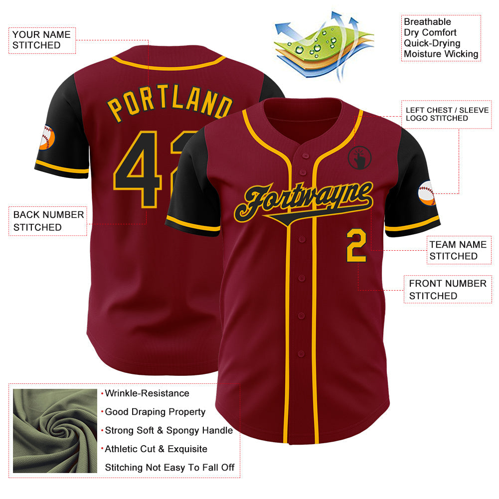 Custom Crimson Black-Gold Authentic Two Tone Baseball Jersey view 3