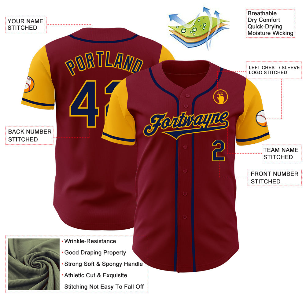 Custom Crimson Navy-Gold Authentic Two Tone Baseball Jersey view 3