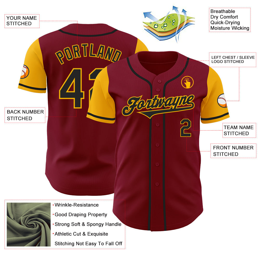 Custom Crimson Black-Gold Authentic Two Tone Baseball Jersey view 3