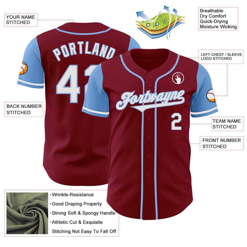 Custom Crimson White-Light Blue Authentic Two Tone Baseball Jersey view 3