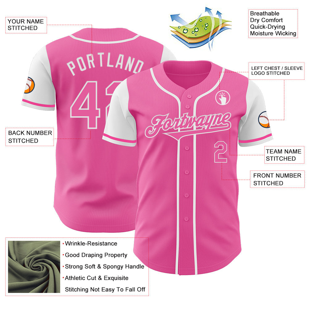 Custom Pink White Authentic Two Tone Baseball Jersey view 3