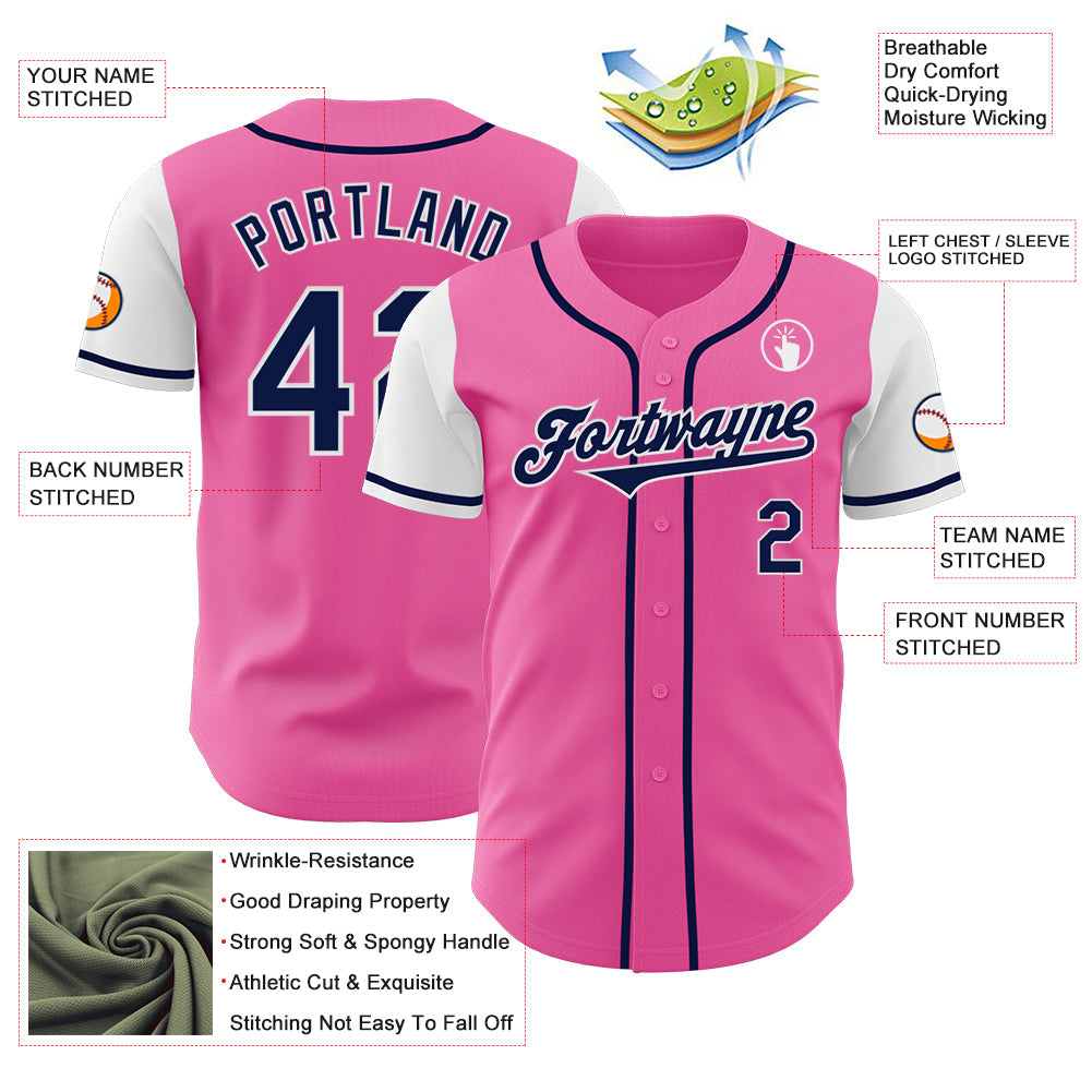 Custom Pink Navy-White Authentic Two Tone Baseball Jersey view 3