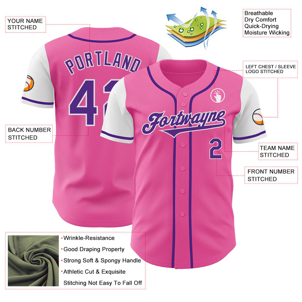 Custom Pink Purple-White Authentic Two Tone Baseball Jersey view 3