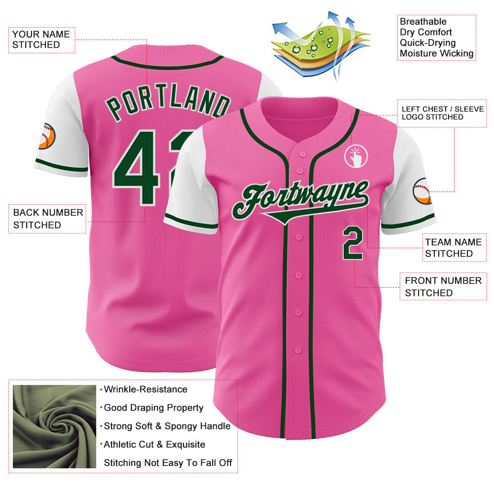 Custom Pink Green-White Authentic Two Tone Baseball Jersey view 3