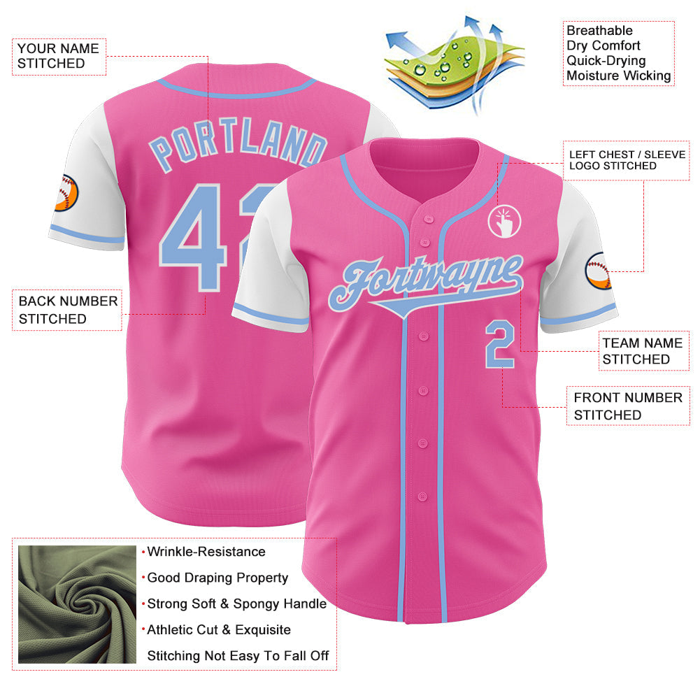 Custom Pink Light Blue-White Authentic Two Tone Baseball Jersey view 3