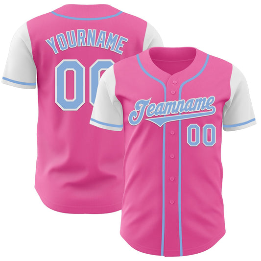 Custom Pink Light Blue-White Authentic Two Tone Baseball Jersey - Main View