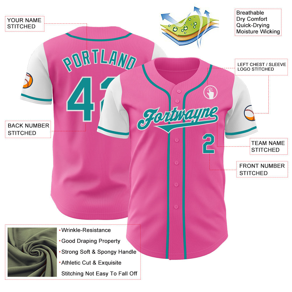 Custom Pink Teal-White Authentic Two Tone Baseball Jersey view 3