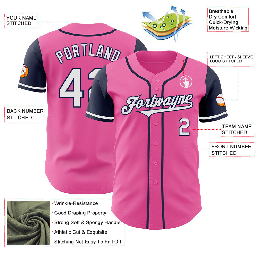 Custom Pink White-Navy Authentic Two Tone Baseball Jersey view 3
