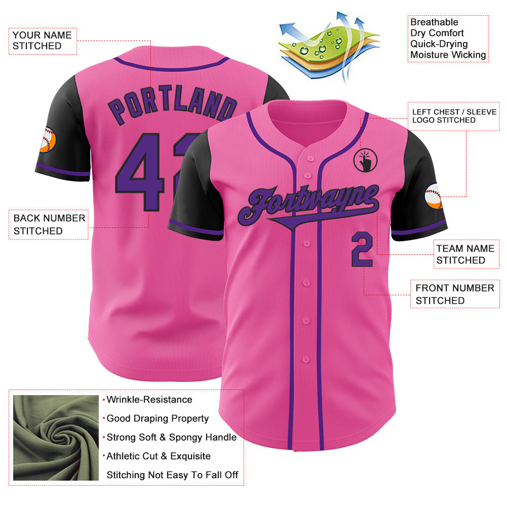 Custom Pink Purple-Black Authentic Two Tone Baseball Jersey view 3