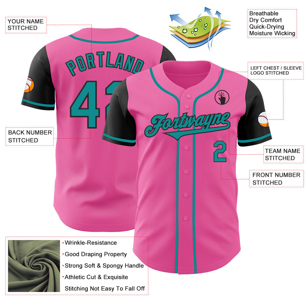 Custom Pink Teal-Black Authentic Two Tone Baseball Jersey view 3