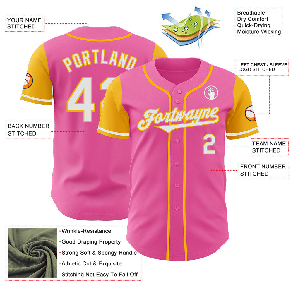 Custom Pink White-Gold Authentic Two Tone Baseball Jersey view 3
