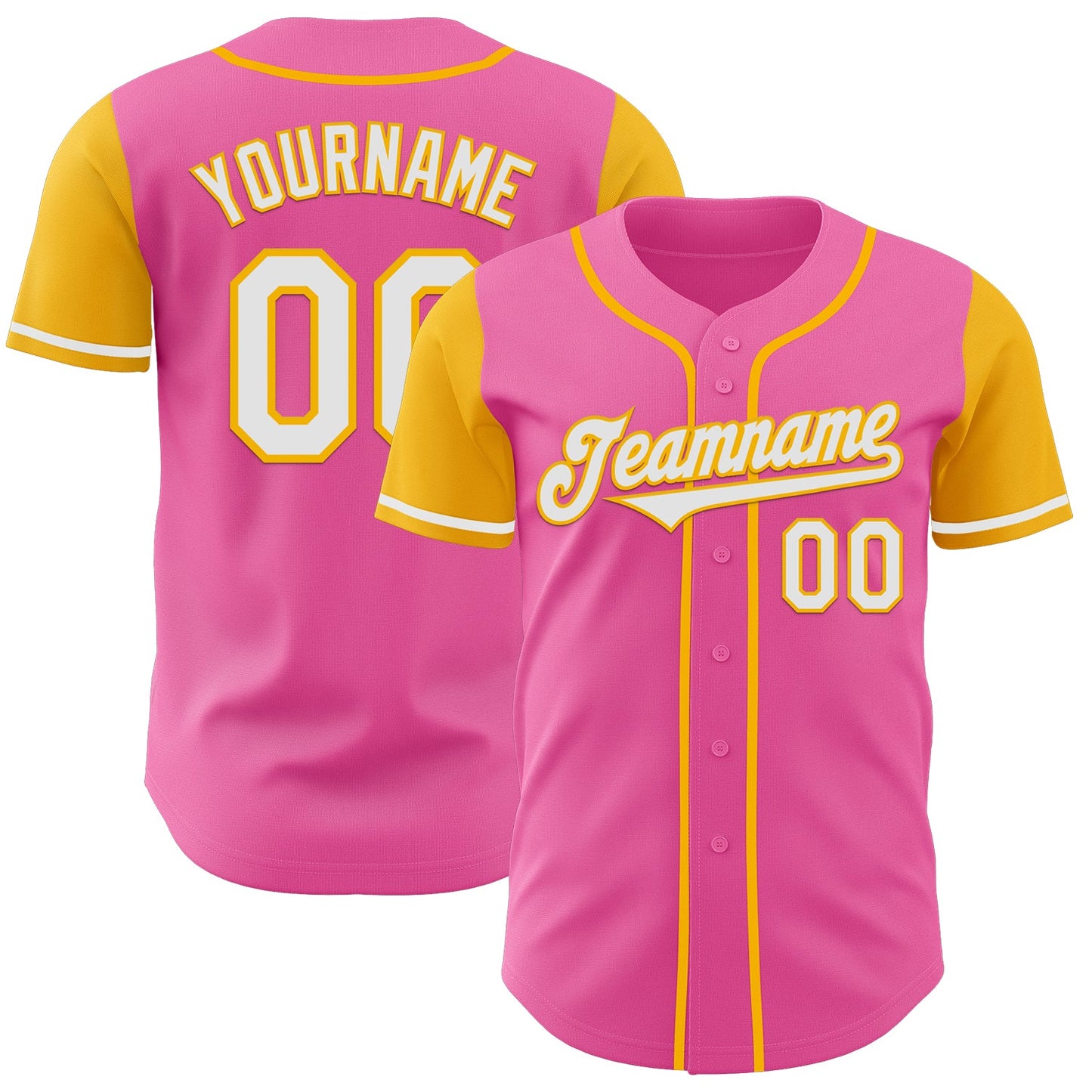 Custom Pink White-Gold Authentic Two Tone Baseball Jersey - Main View
