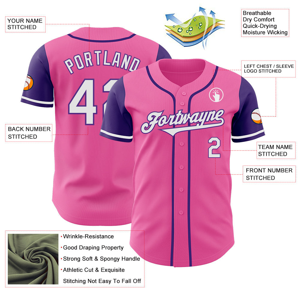 Custom Pink White-Purple Authentic Two Tone Baseball Jersey view 3