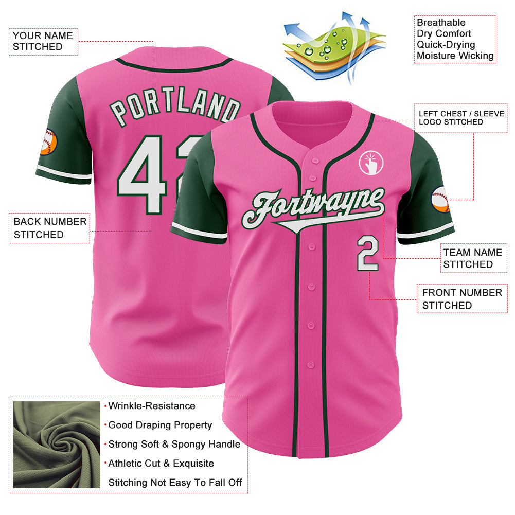 Custom Pink White-Green Authentic Two Tone Baseball Jersey view 3