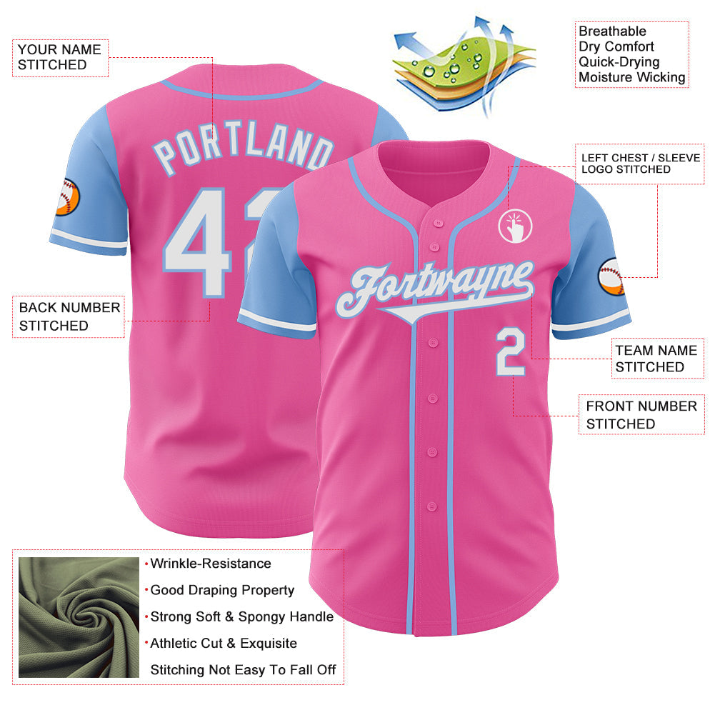 Custom Pink White-Light Blue Authentic Two Tone Baseball Jersey view 3