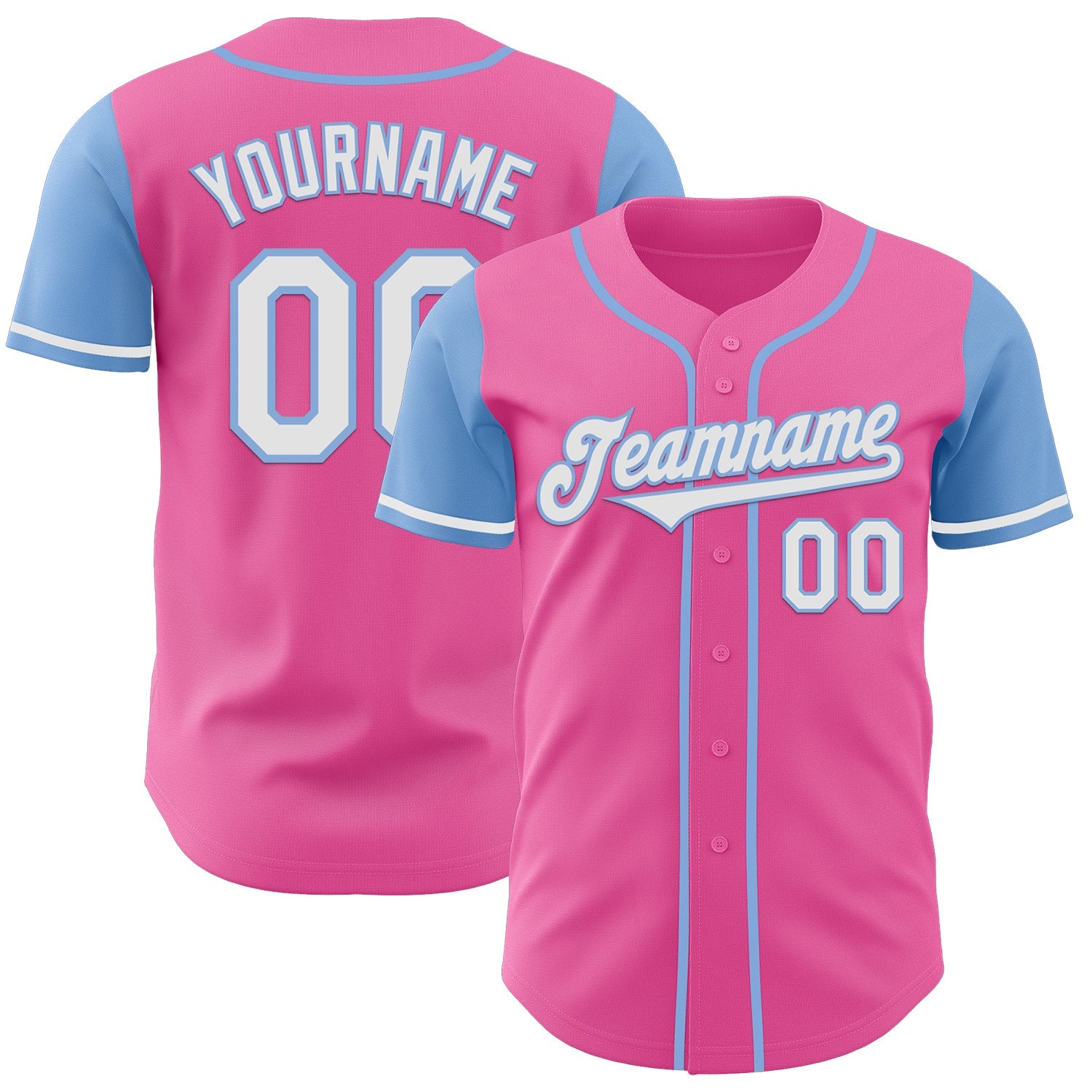 Custom Pink White-Light Blue Authentic Two Tone Baseball Jersey - Main View