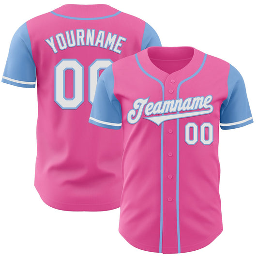 Custom Pink White-Light Blue Authentic Two Tone Baseball Jersey - Main View
