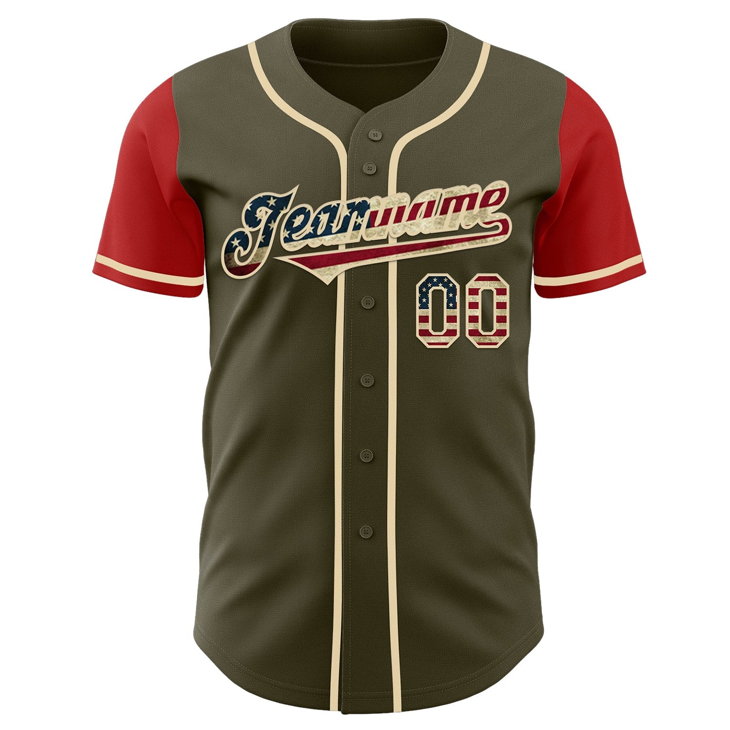 Custom Olive Vintage USA Flag Red-Cream Authentic Two Tone Salute To Service Baseball Jersey view 2