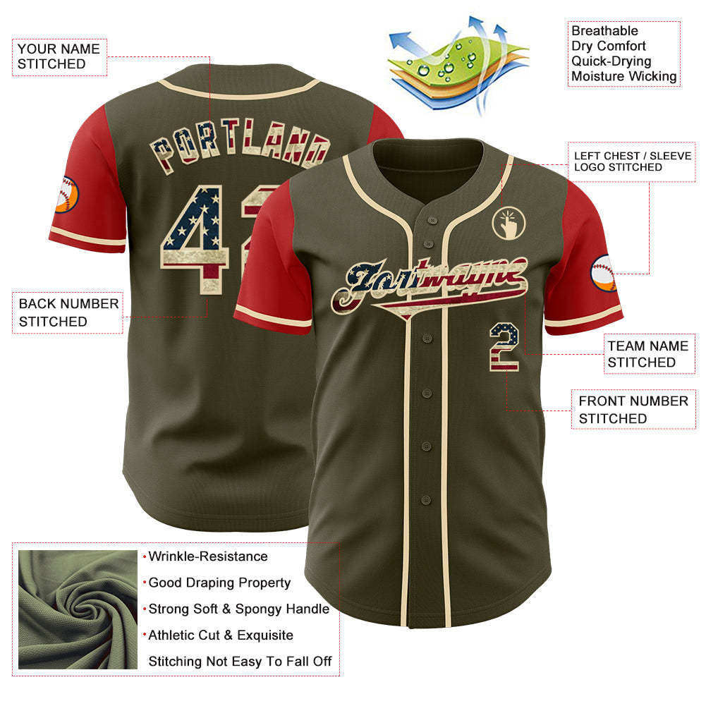 Custom Olive Vintage USA Flag Red-Cream Authentic Two Tone Salute To Service Baseball Jersey view 3