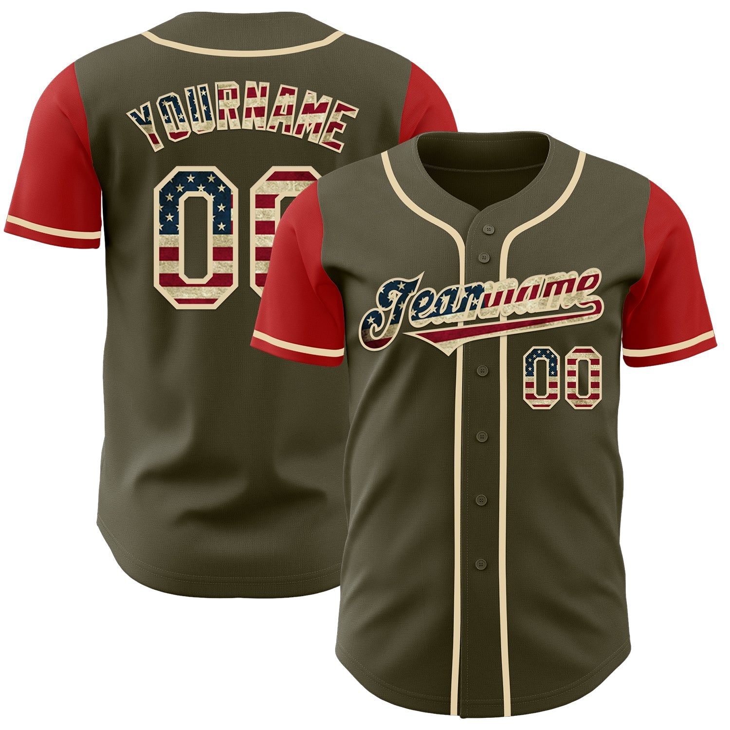 Custom Olive Vintage USA Flag Red-Cream Authentic Two Tone Salute To Service Baseball Jersey - Main View