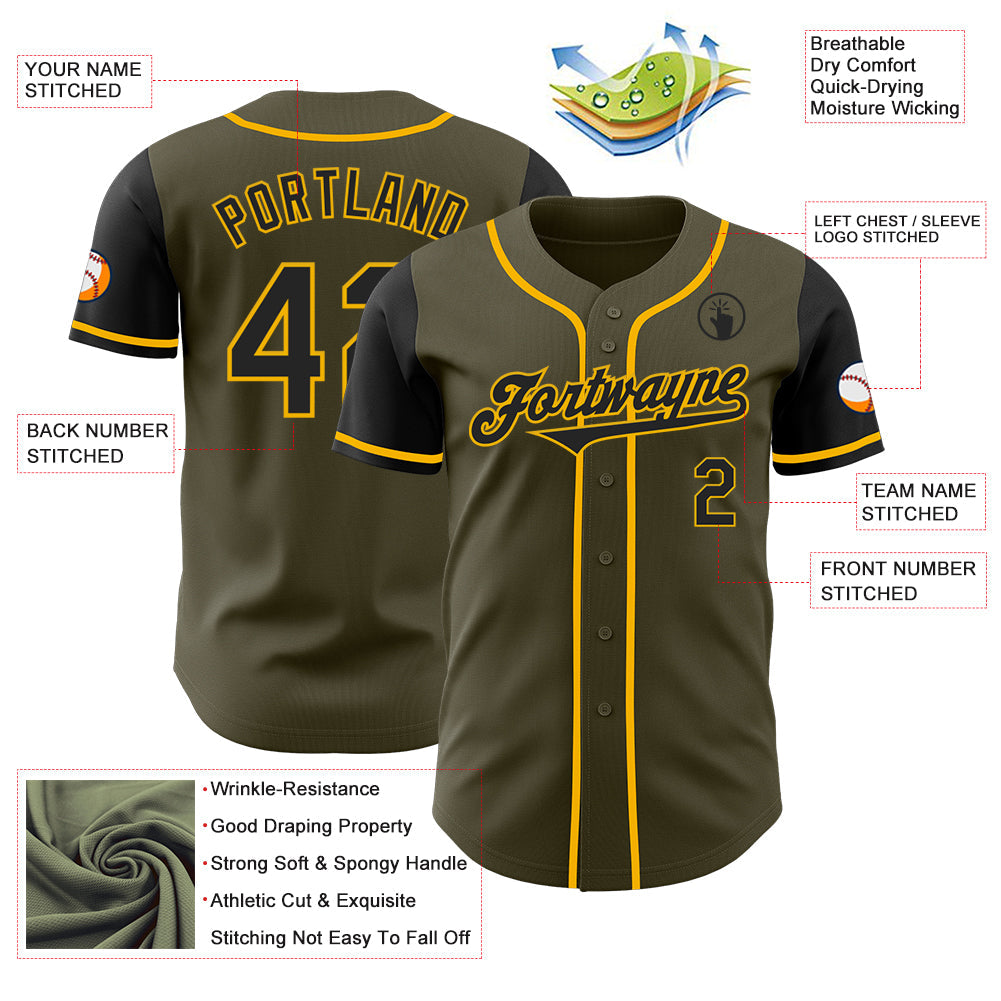 Custom Olive Black-Gold Authentic Two Tone Salute To Service Baseball Jersey view 3