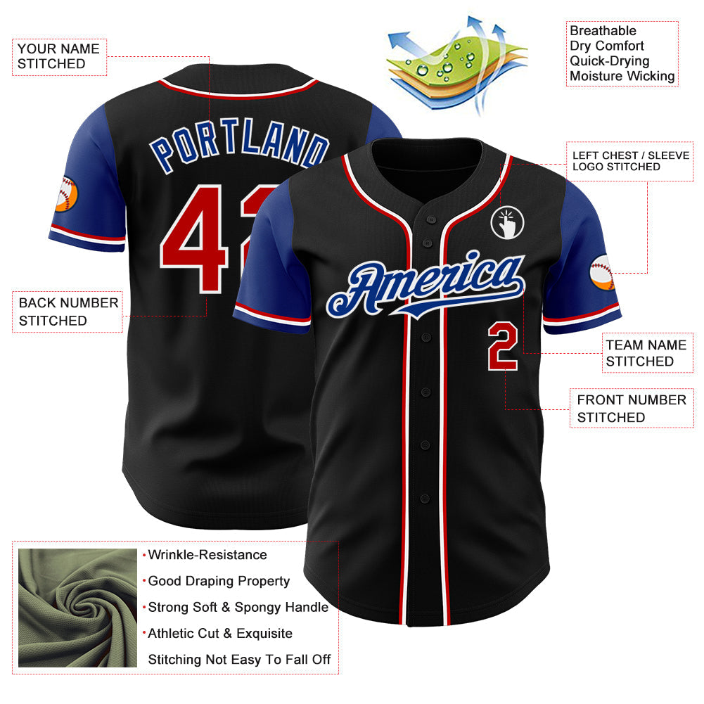 Custom Black Red Royal-White Authentic Two Tone Baseball Jersey view 3