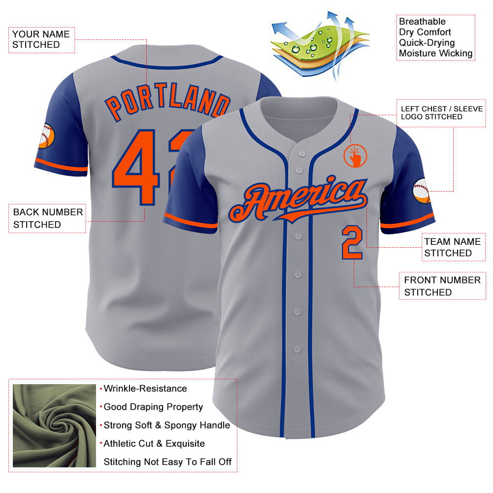 Custom Gray Orange-Royal Authentic Two Tone Baseball Jersey view 3