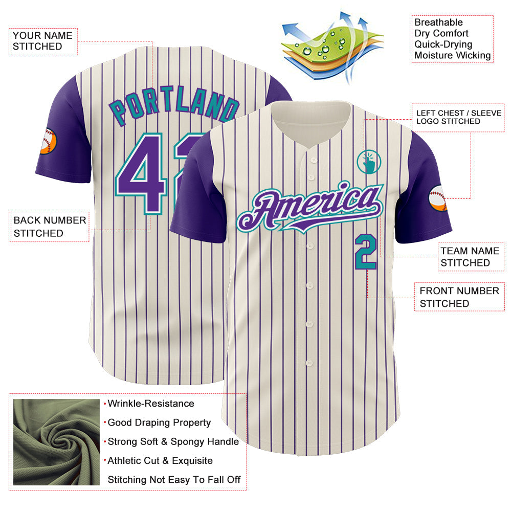 Custom Cream Purple Pinstripe White-Teal Authentic Two Tone Baseball Jersey view 3