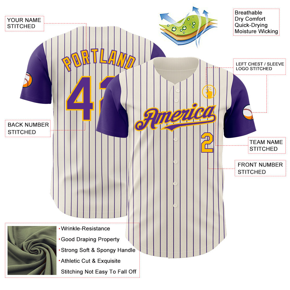 Custom Cream Purple Pinstripe Gold Authentic Two Tone Baseball Jersey view 3