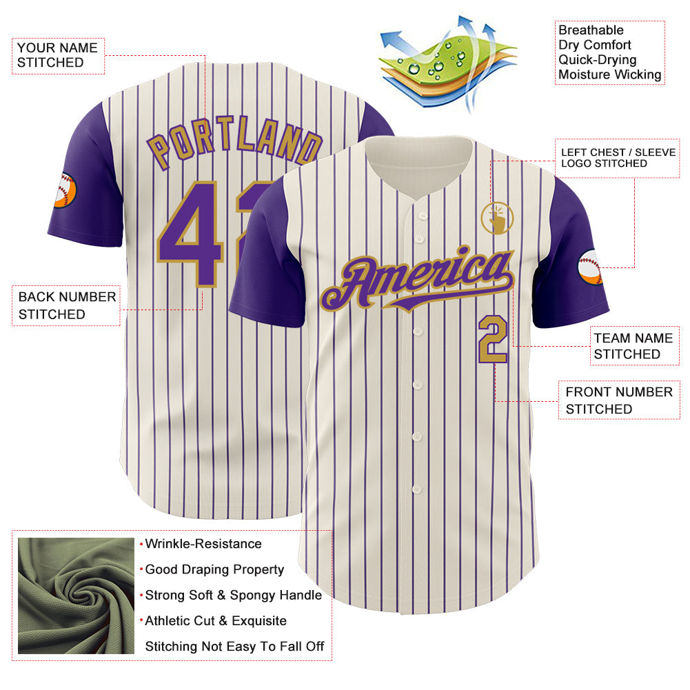 Custom Cream Purple Pinstripe Old Gold Authentic Two Tone Baseball Jersey view 3